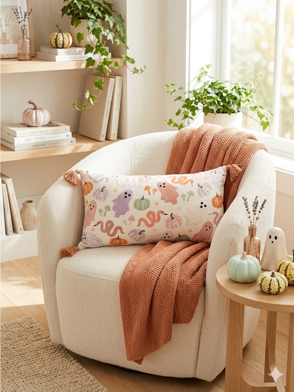 Cupcakes & Cashmere Pastel Ghost Snakes Fall Halloween Lumbar Pillow w/ Tassels